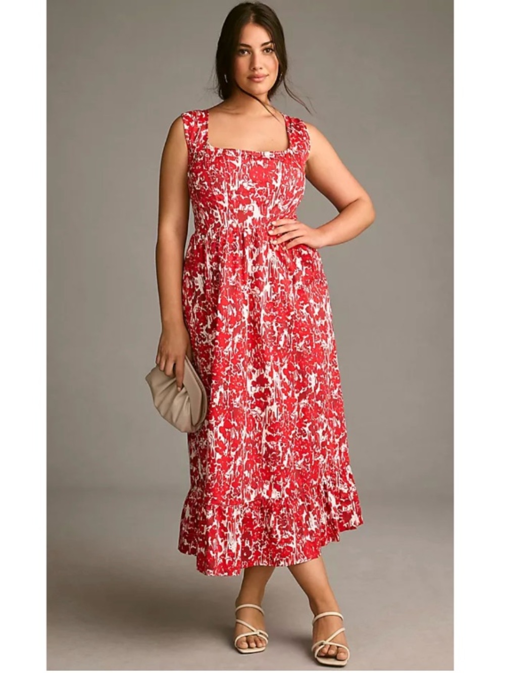 Anthropologie Aureta Floral Square Neck Corset A-Line Poplin Maxi Dress Red 2X